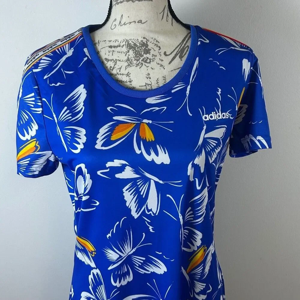 Adidas Farm Rio Butterfly Dress Womens Medium Blue Floral Short Sleeve T-Shirt